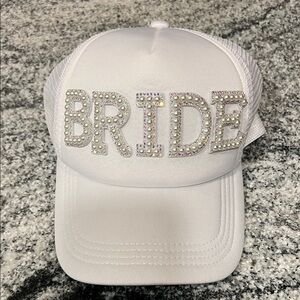 White Bride Trucker Hat with Rhinestone Embellishments